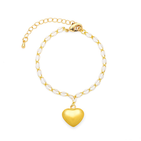Puffy Heart Bracelet With White Enamel Link Chain, One Size