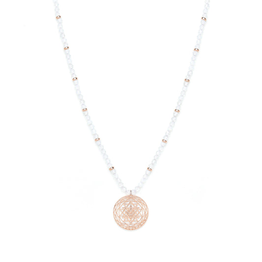 Sri Yantra Harmonious Energy Necklace, White Opal, Rose Gold