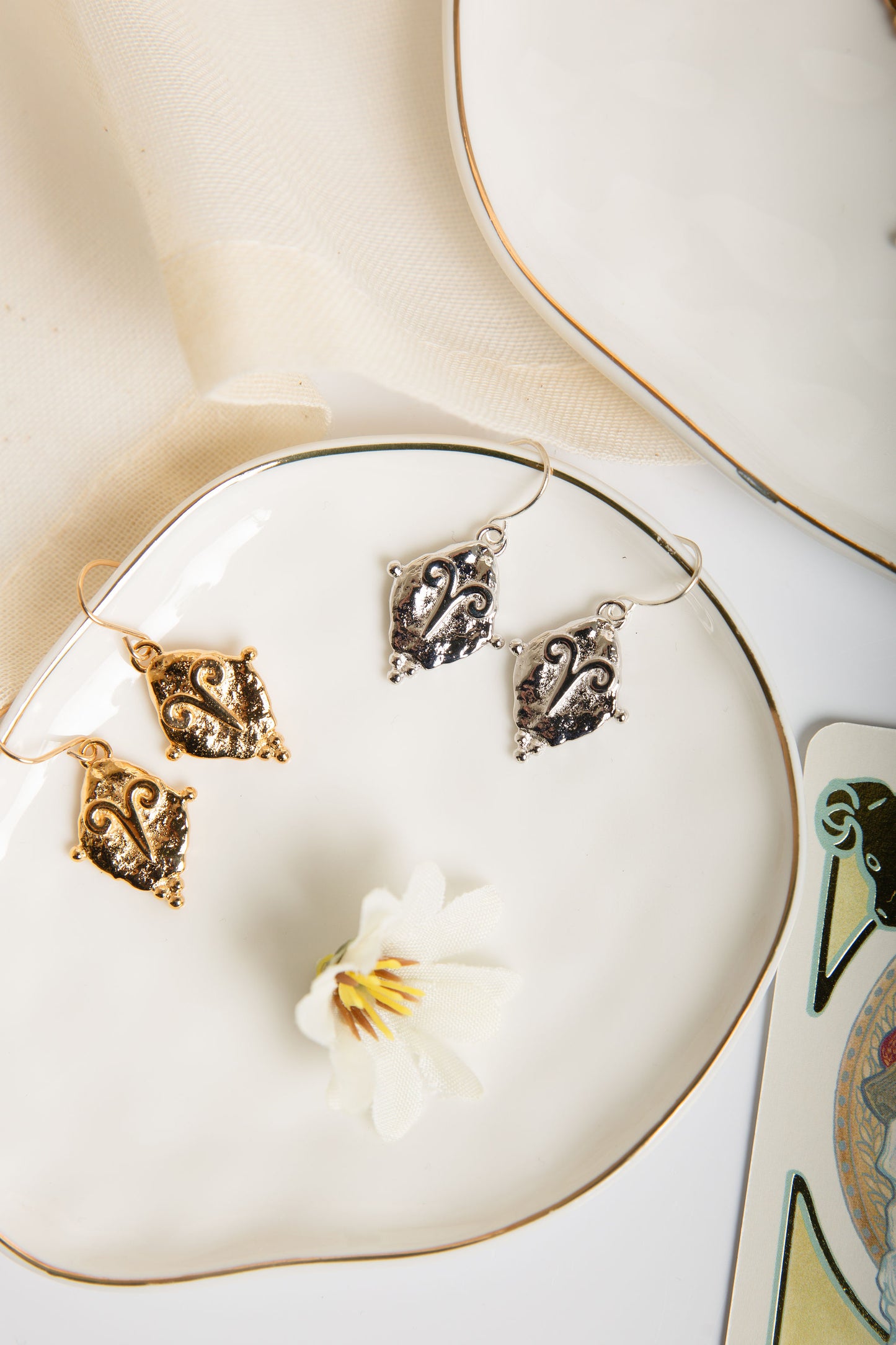 Aries Vintage-Style Dangle Earrings, 18k Gold Plated with Antique Zodiac Symbol