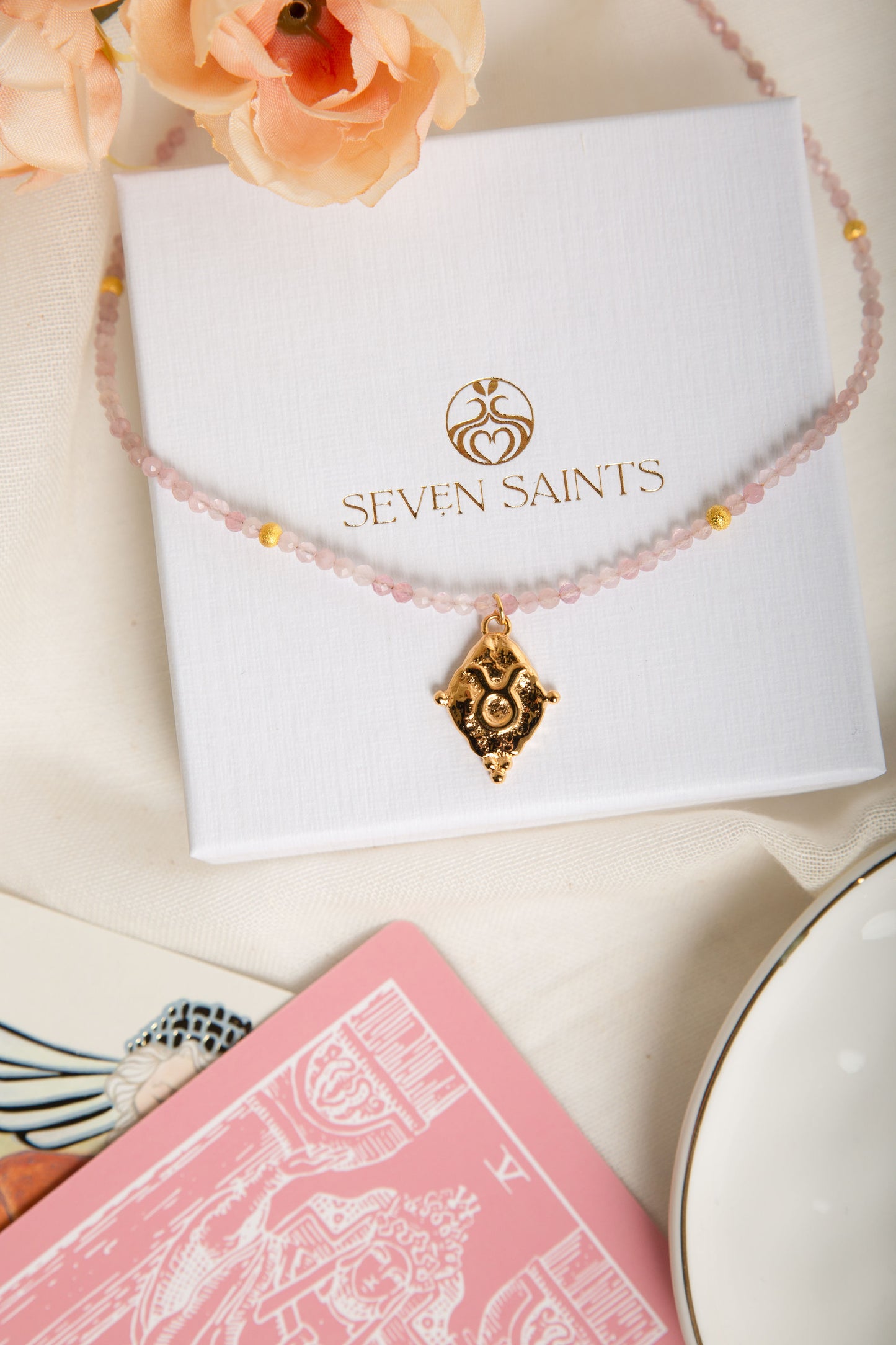 Taurus Gemstone Choker Necklace, Rose Quartz, 18k Gold Plated