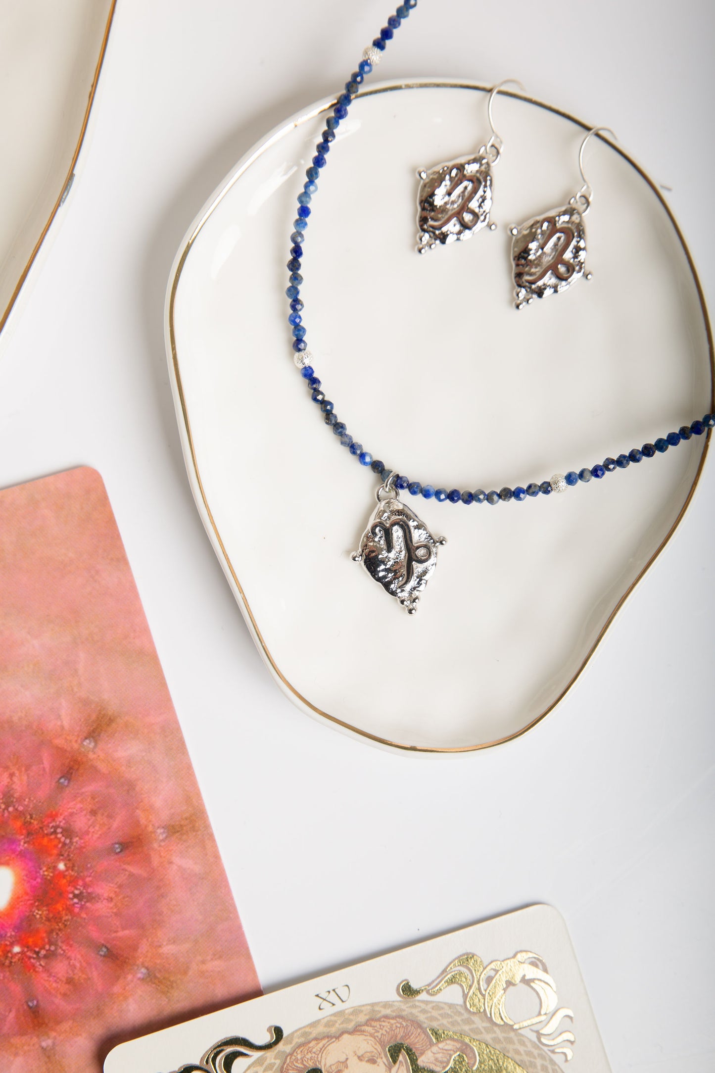 Capricorn Gemstone Choker Necklace, Lapis Lazuli, White Rhodium Plated