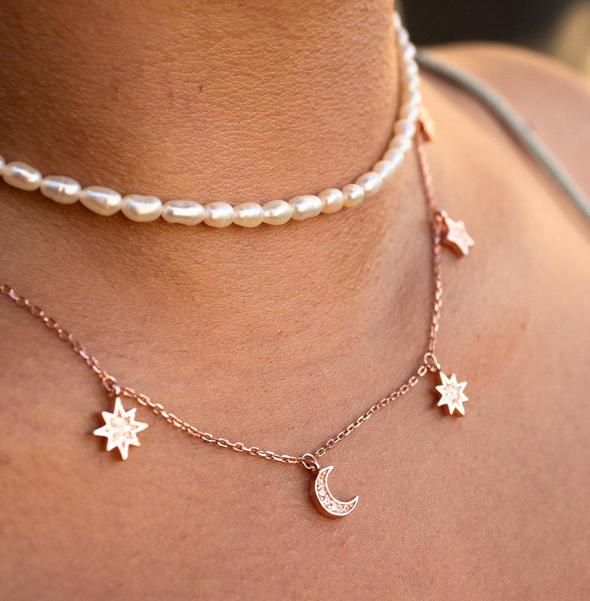 Heavenly Realms Moon & Stars Drop Choker Necklace, White Rhodium, CZ Diamond