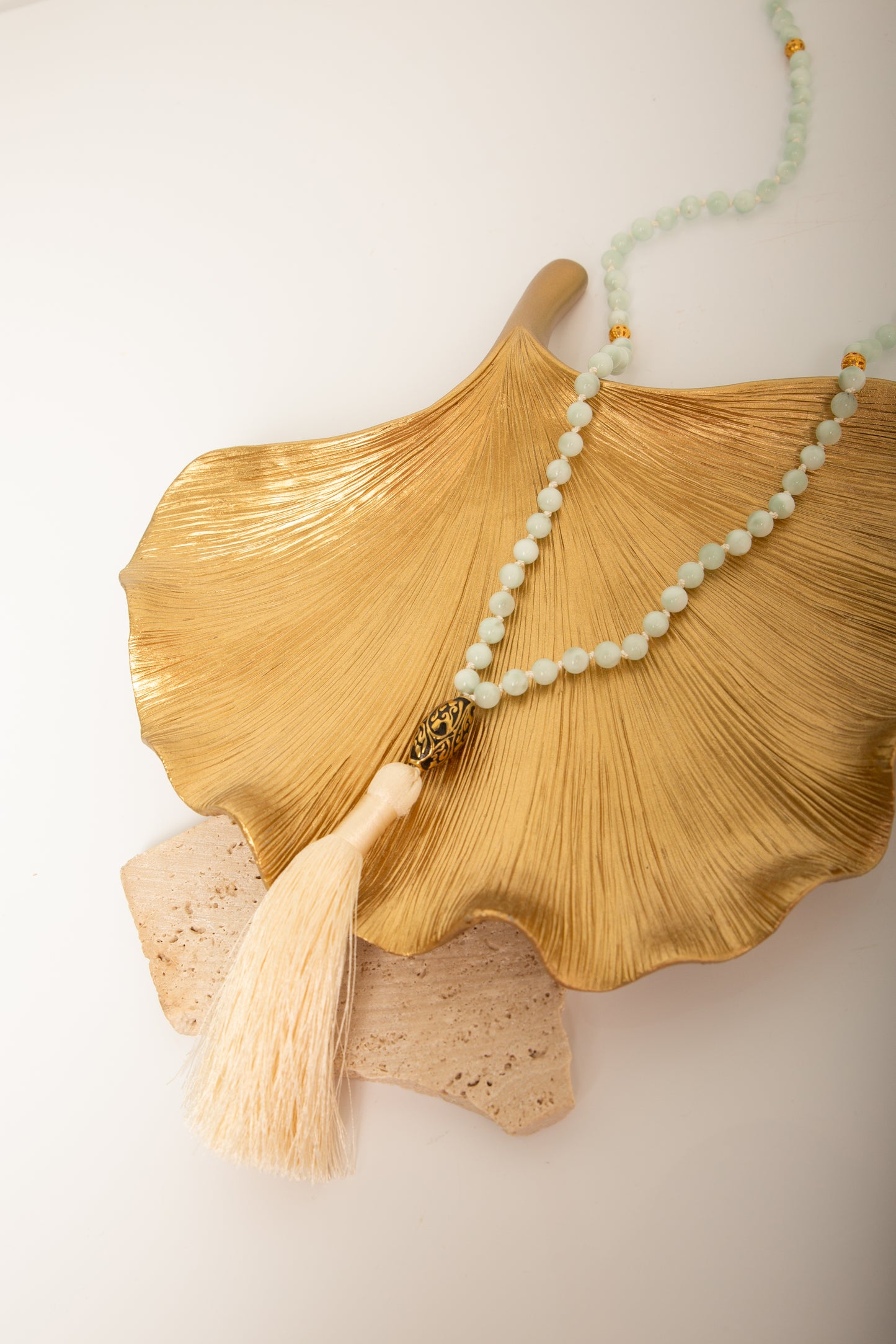 Goddess of Freedom and Wisdom 108 Bead Mala, Pale Green Moonstone