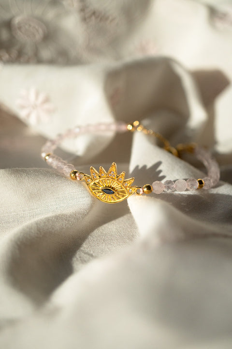 Heart Healing Evil Eye Bracelet, Rose Quartz with Sapphire, 18k Gold