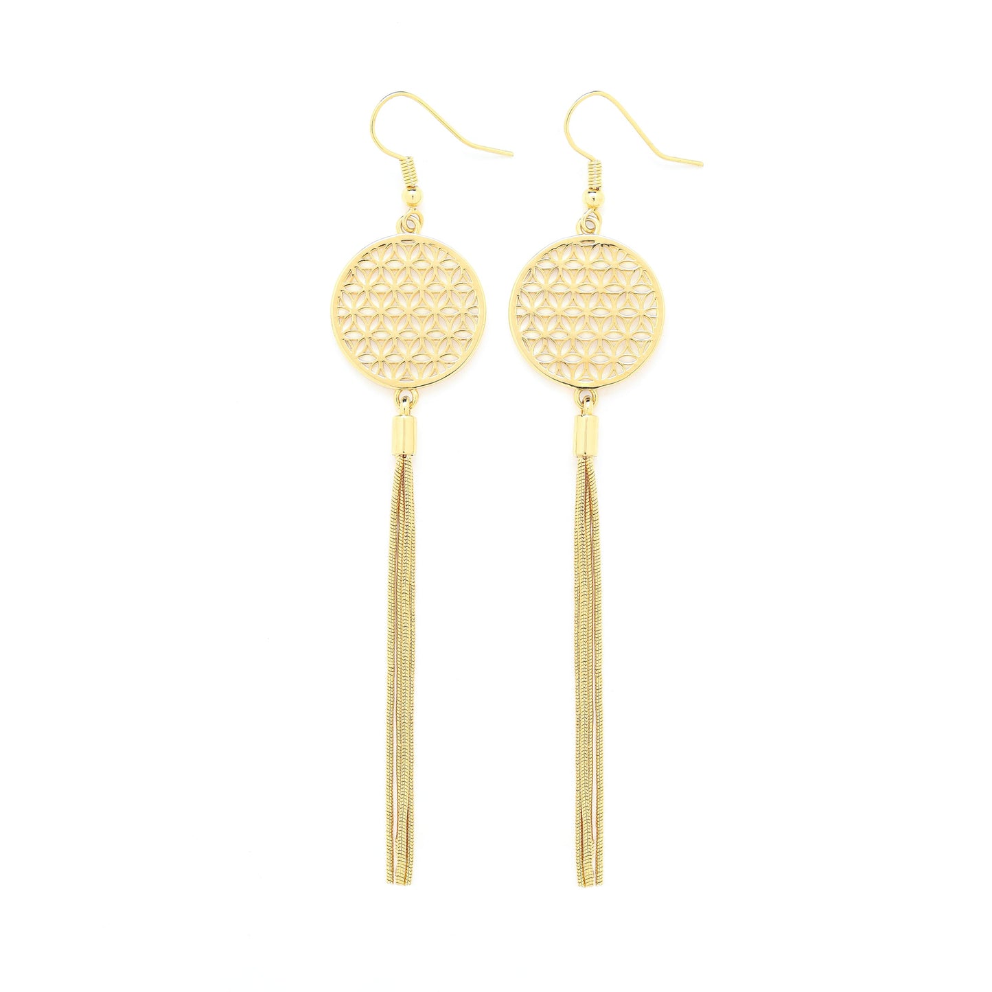 Flower of Life Protection Tassel Earrings, White Rhodium