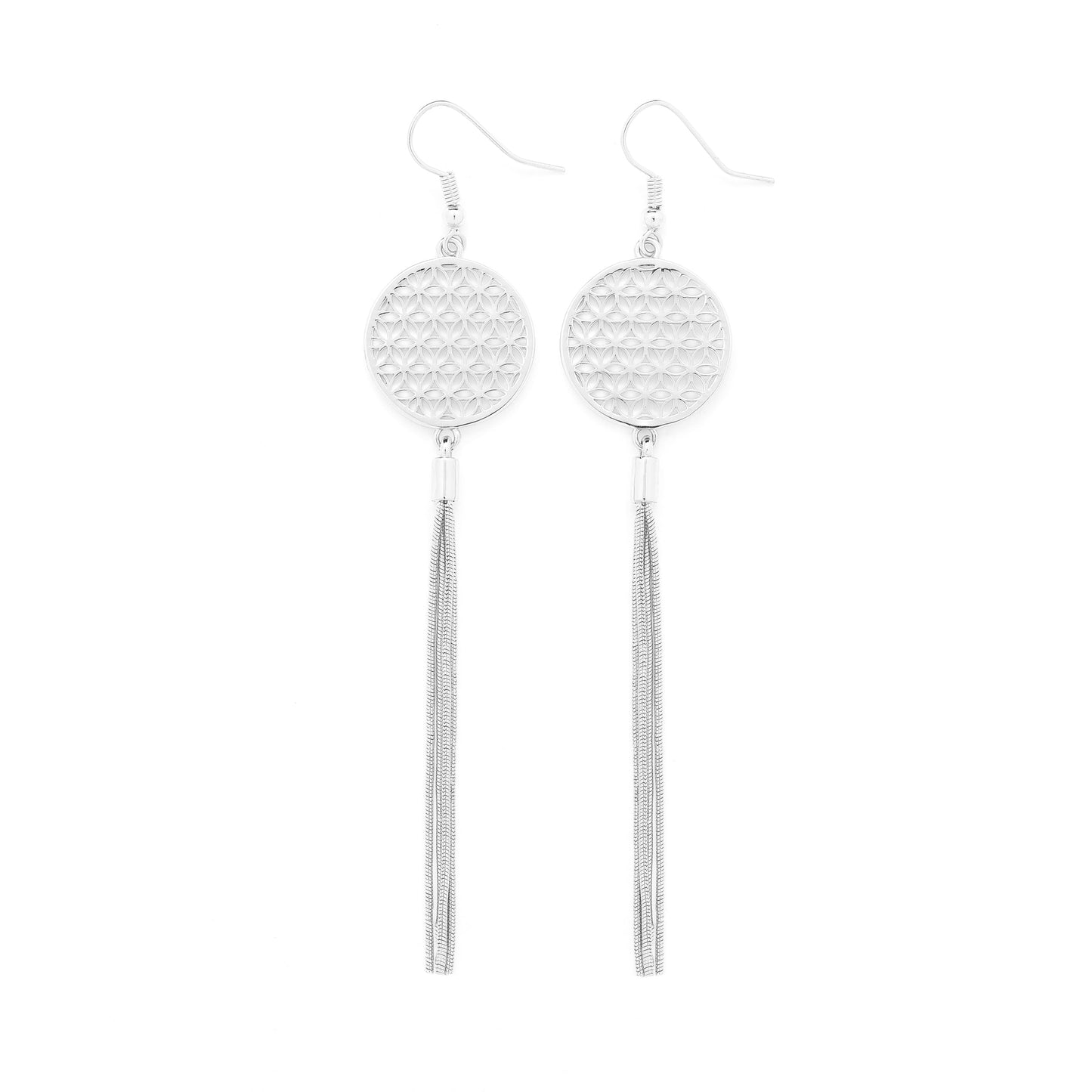 Flower of Life Protection Tassel Earrings, White Rhodium
