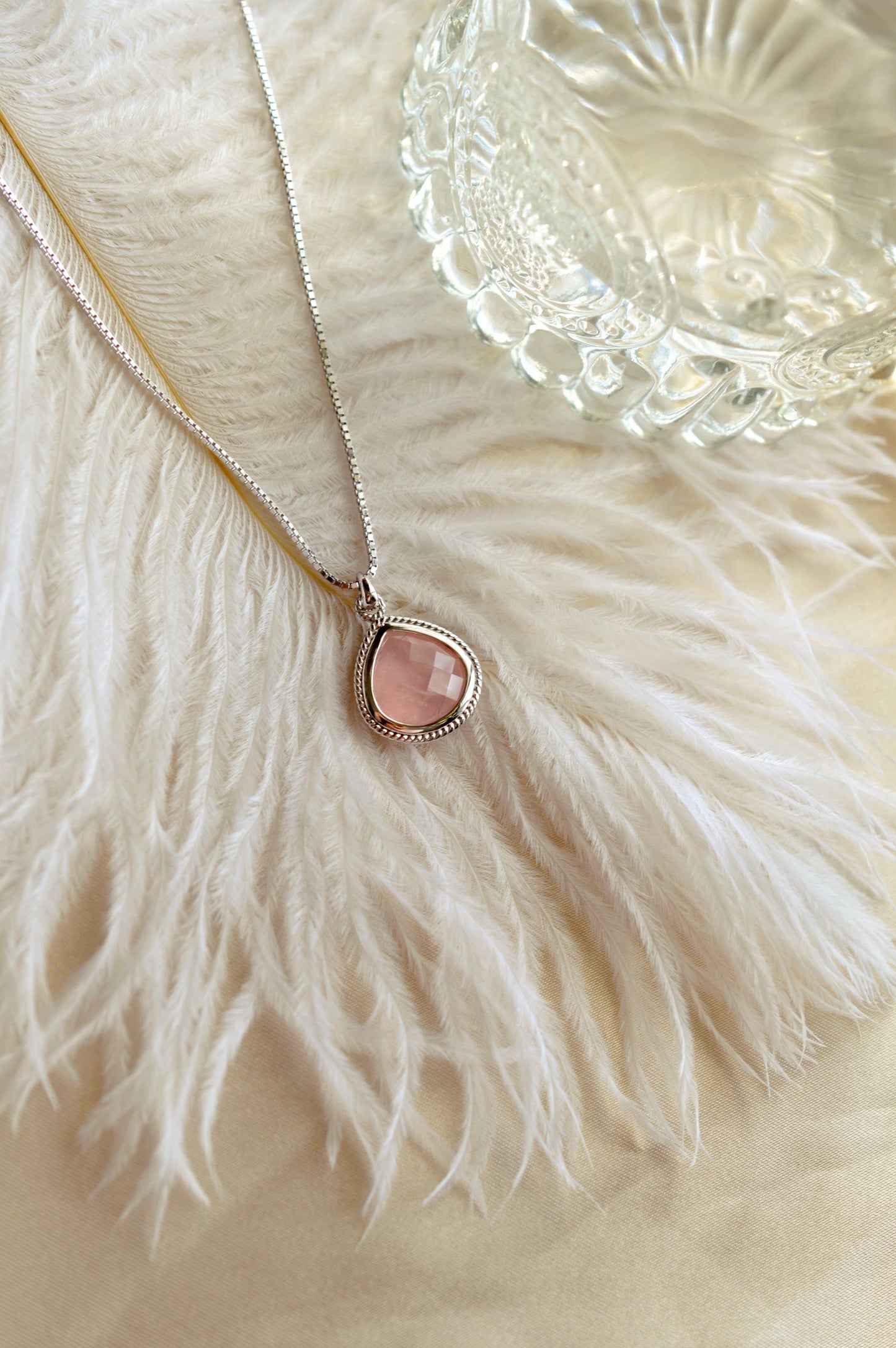 Rose Quartz Compassionate Heart Adjustable Necklace, White Rhodium