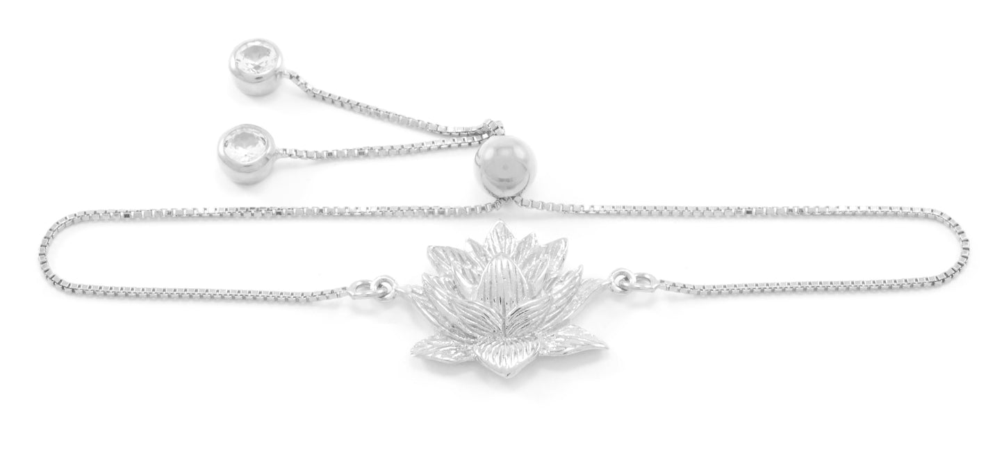 Awakened Lotus Adjustable Bracelet, White Rhodium