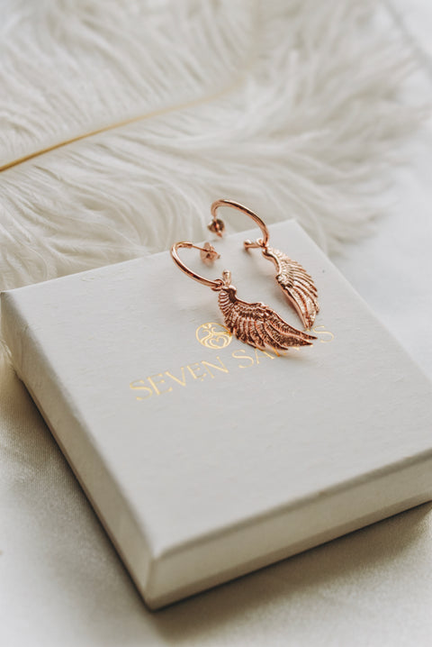 Angel Wing Small Hoop Earrings Rose Gold Over Sterling Silver