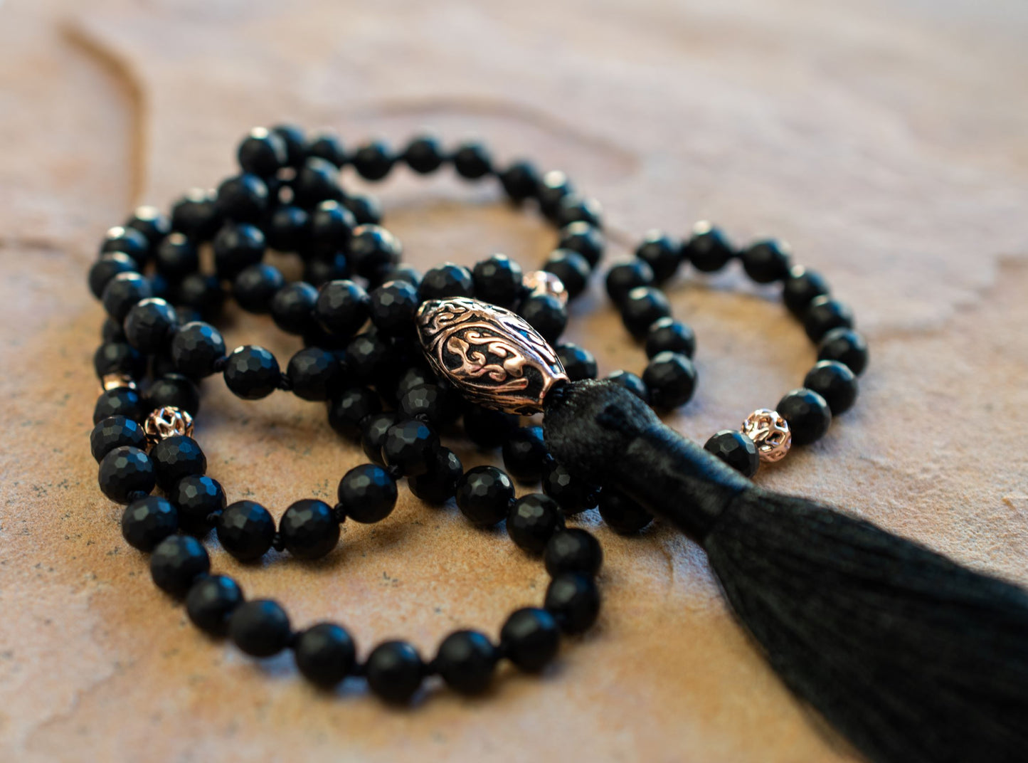 Energy Protection Black Onyx Repousse Mala, Rose Gold Plated