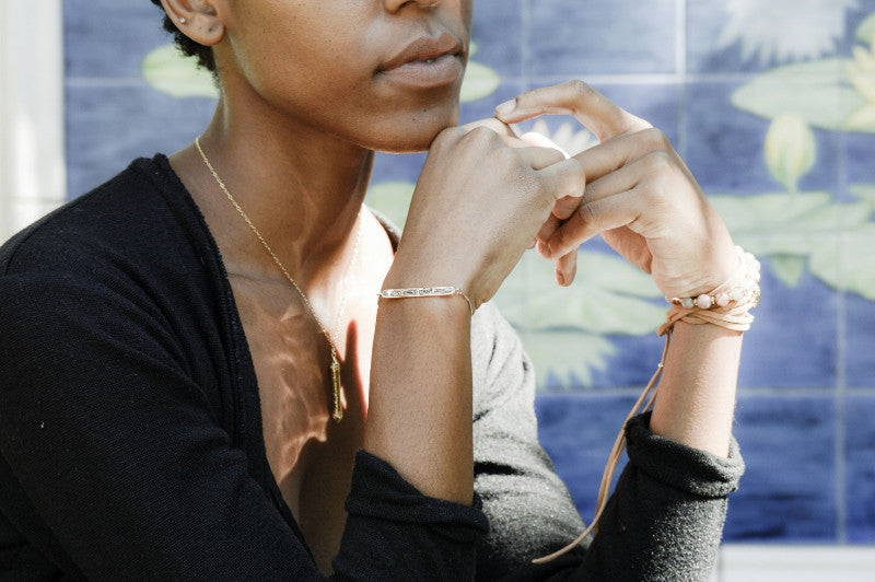 Sanskrit Chant "May All Beings Be Happy & Free" Sterling Silver Box Chain Bracelet, Rose Gold, *Seen in Vogue
