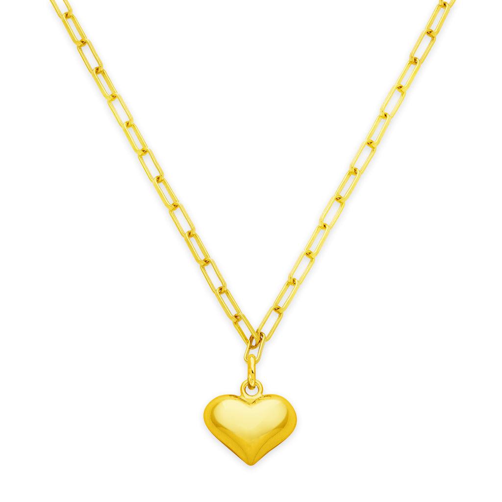 Puffy Heart Paperclip Chain Necklace – 18K Gold Over Sterling Silver Heart Jewelry