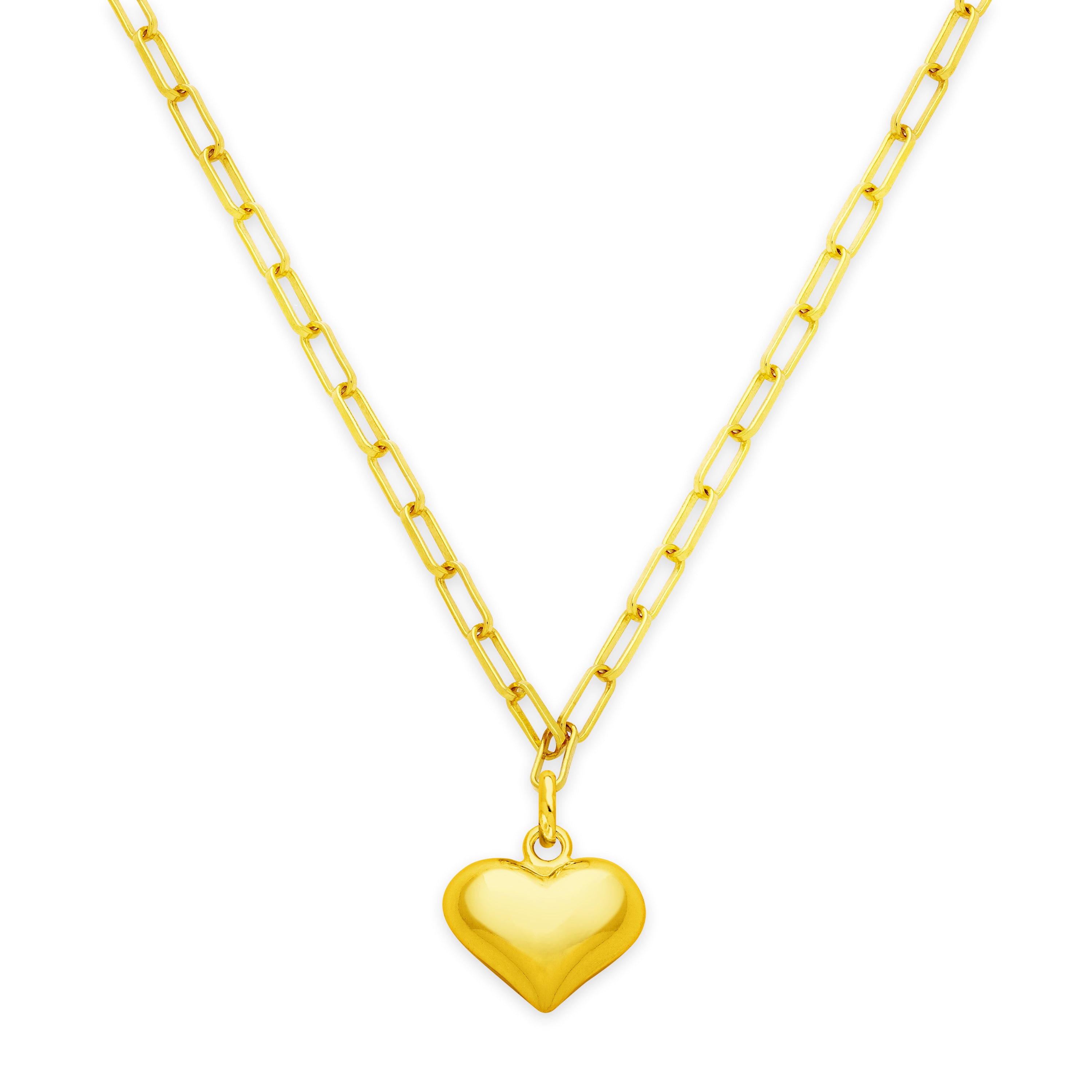 Puffy Heart Paperclip Chain Necklace – 18K Gold Over Sterling Silver Heart Jewelry