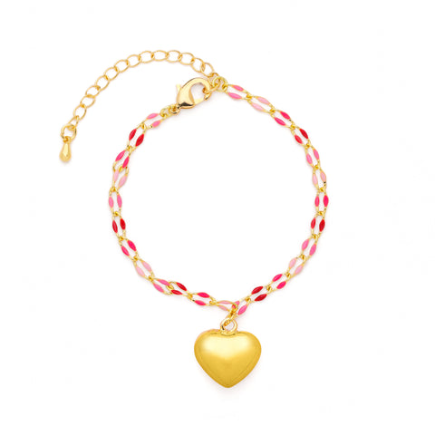 Puffy Heart Bracelet With Pink Enamel Link Chain, One Size