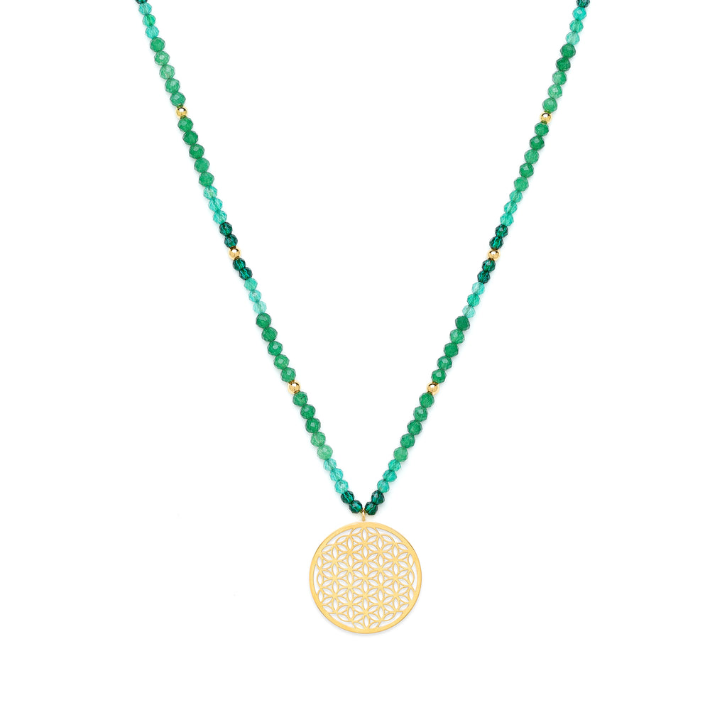 Joy & Prosperity Flower of Life Necklace – Green Aventurine, Spinel & Chrysoprase – 18K Gold