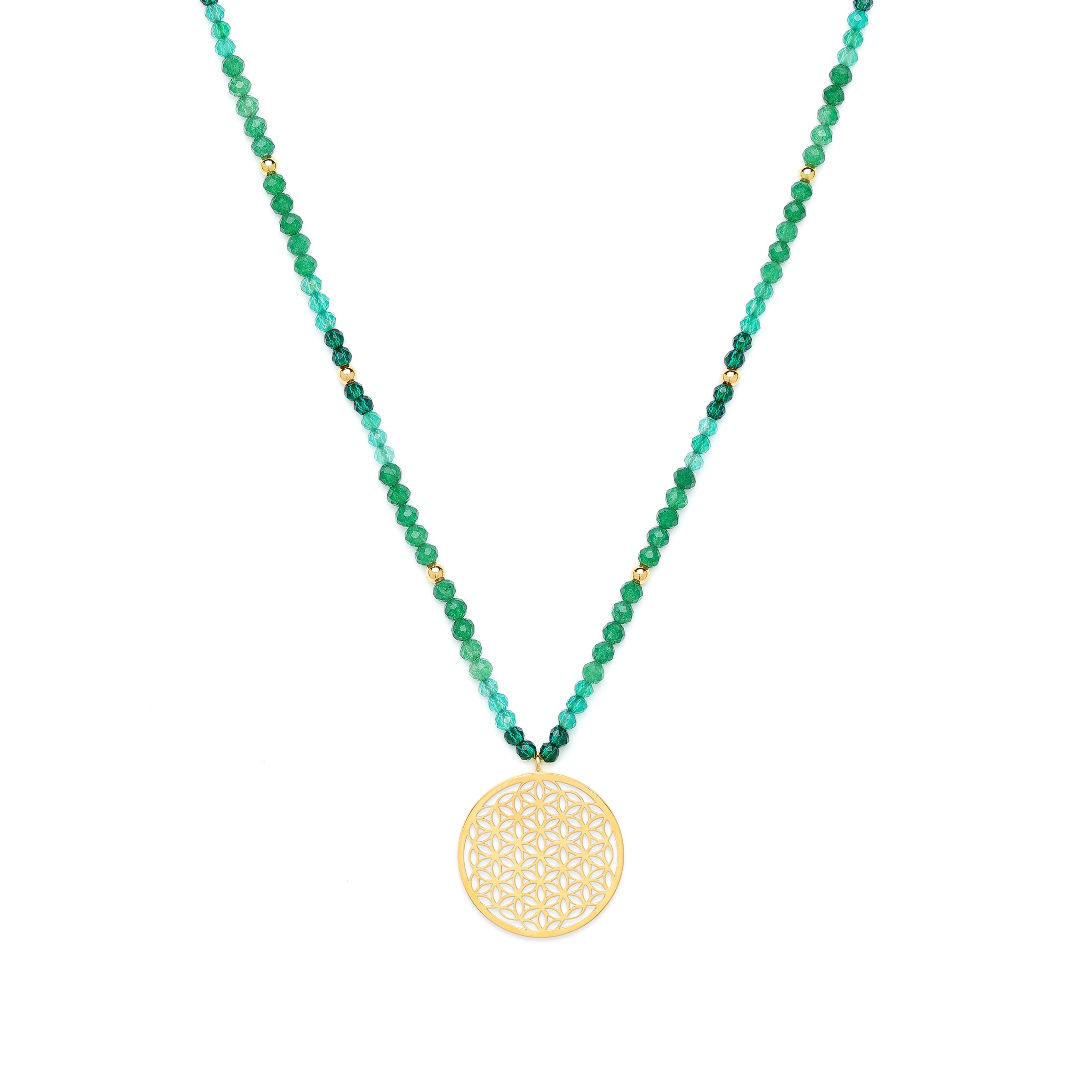 Joy & Prosperity Flower of Life Necklace – Green Aventurine, Spinel & Chrysoprase – 18K Gold