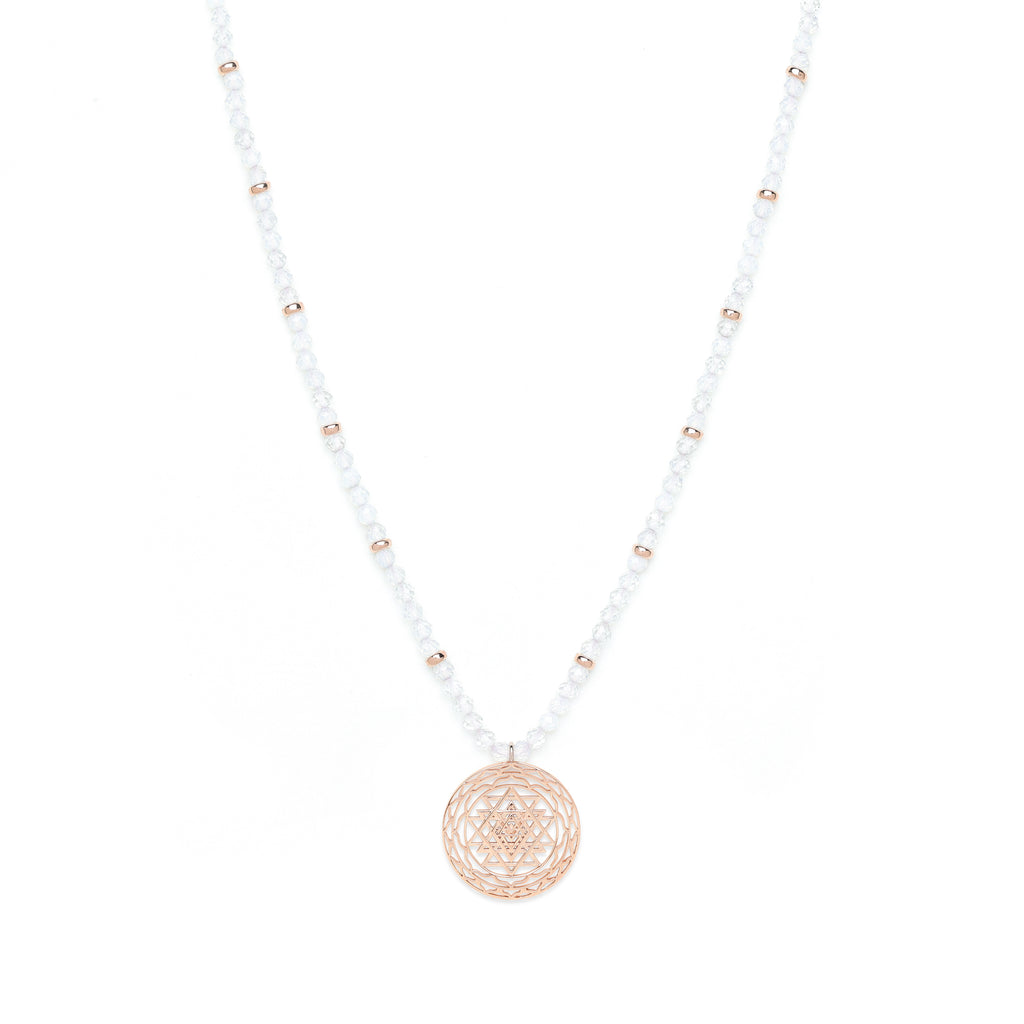 Sri Yantra Harmonious Energy Necklace – White Opal – Rose Gold Spiritual Jewelry