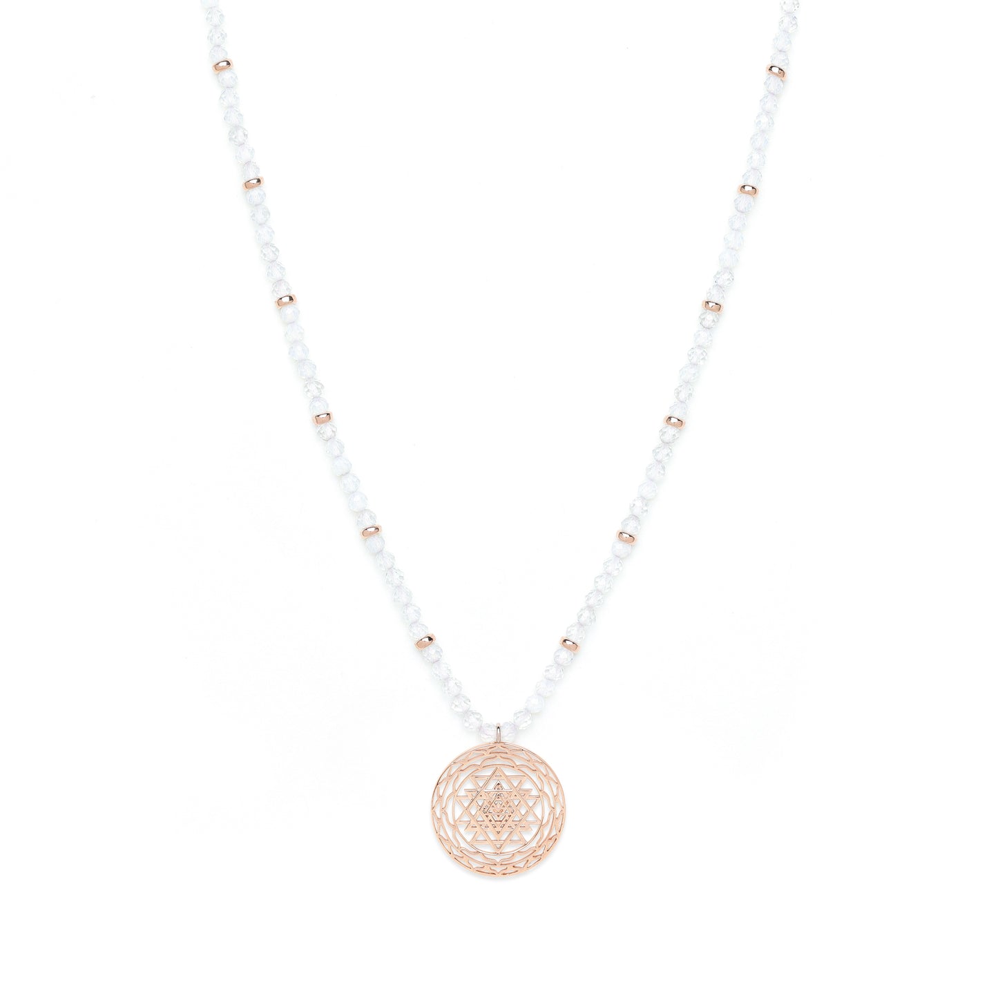 Sri Yantra Harmonious Energy Necklace, White Opal, Rose Gold