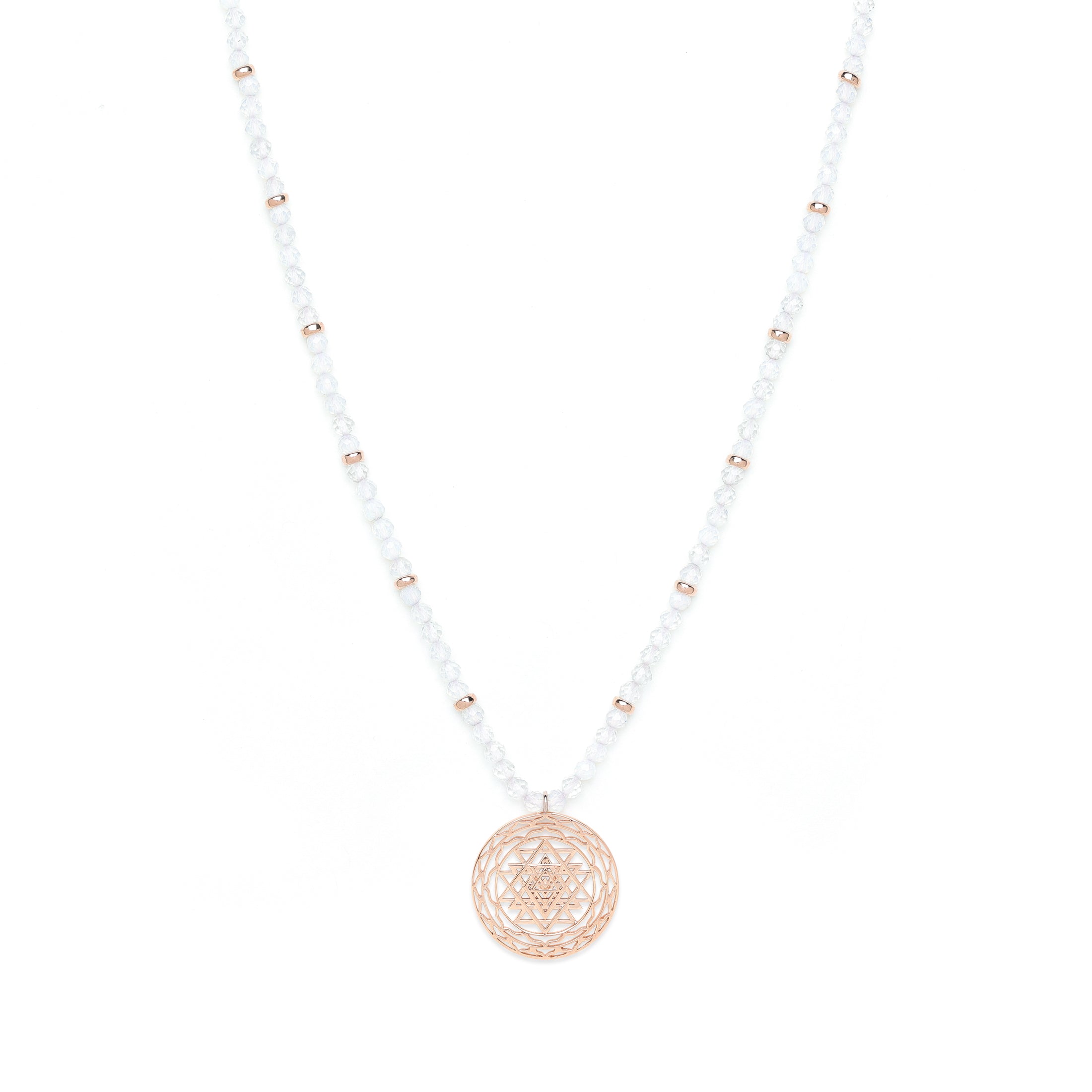 Sri Yantra Harmonious Energy Necklace – White Opal – Rose Gold Spiritual Jewelry