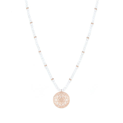 Sri Yantra Harmonious Energy Necklace, White Opal, Rose Gold