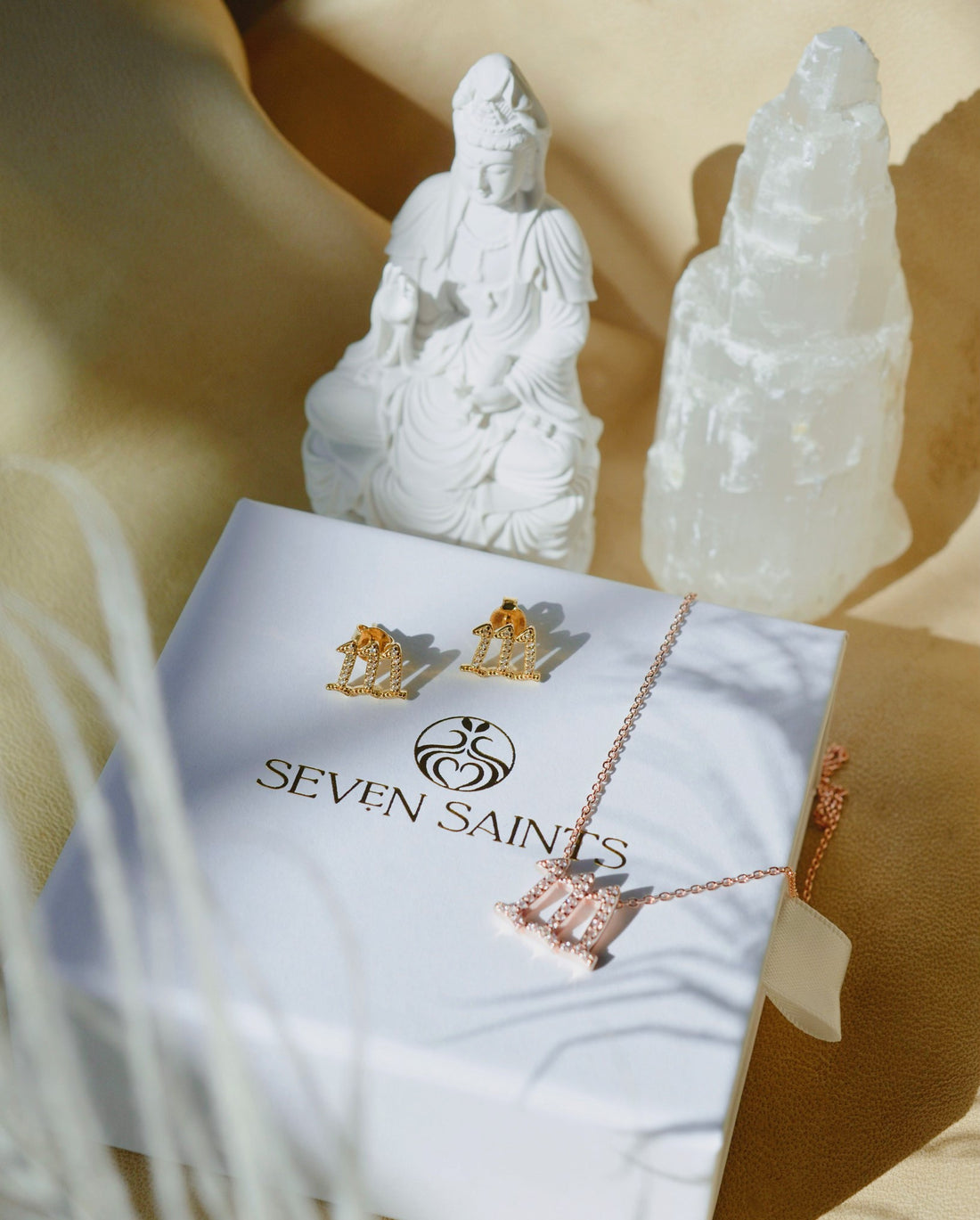 111 Angel Number Manifestation Set, Necklace and Earrings, White Topaz