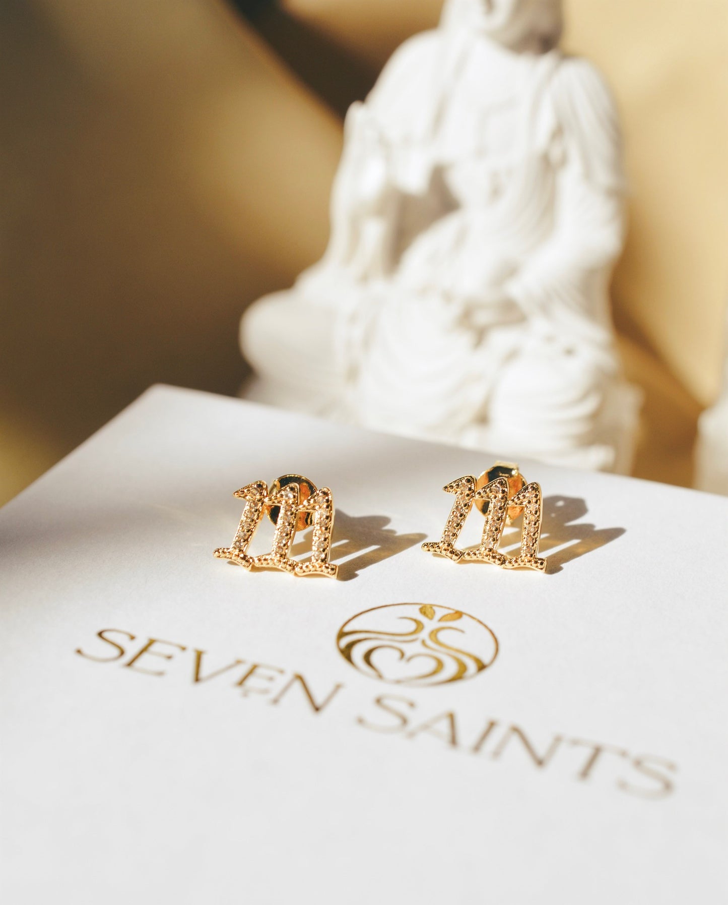 111 Angel Number Manifestation Stud Earrings, White Topaz, Rose Gold