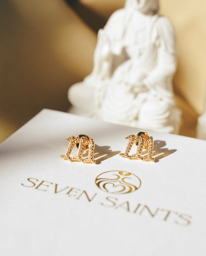 111 Angel Number Manifestation Stud Earrings, White Topaz, Rose Gold