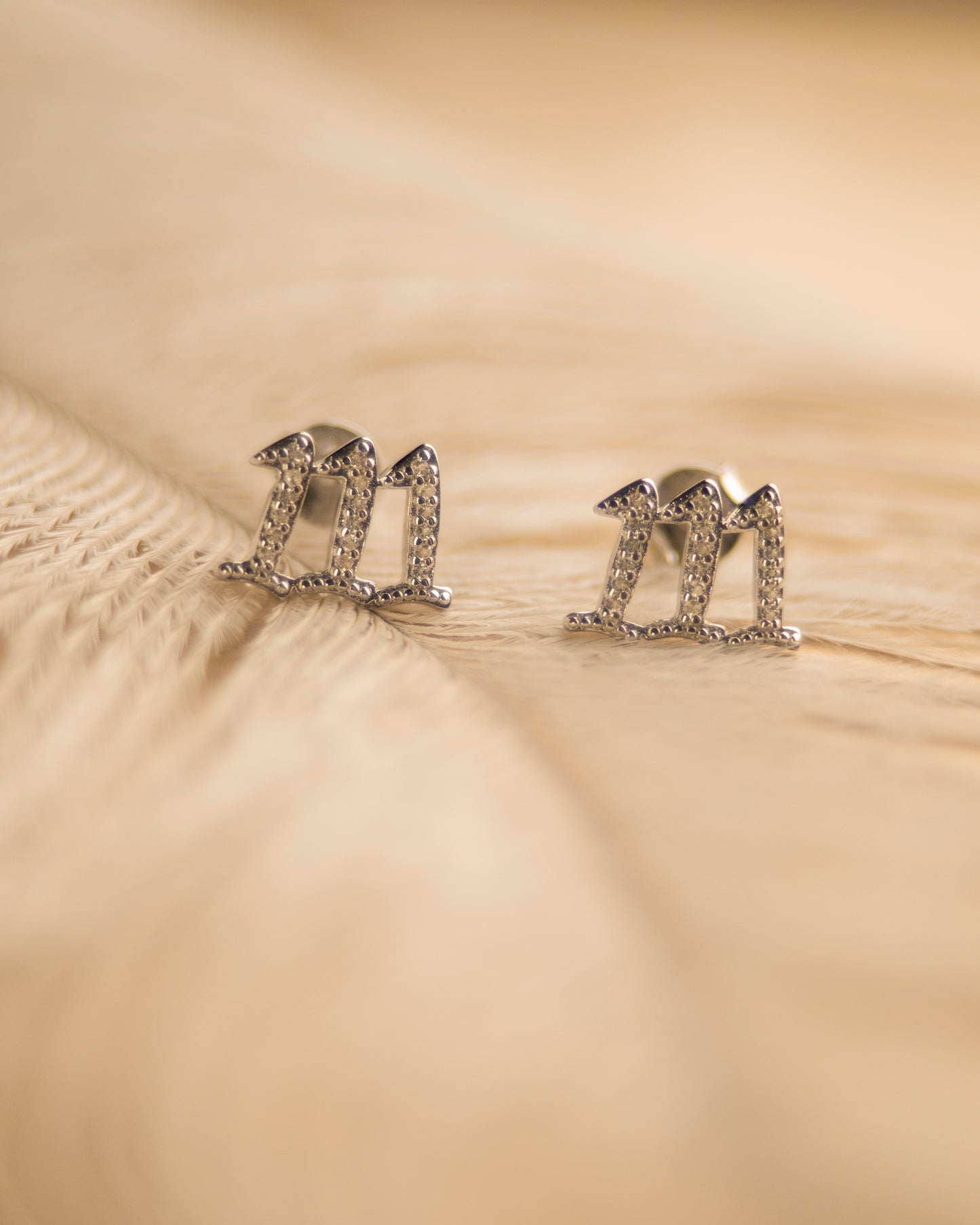 111 Angel Number Manifestation Stud Earrings, White Topaz, Rose Gold