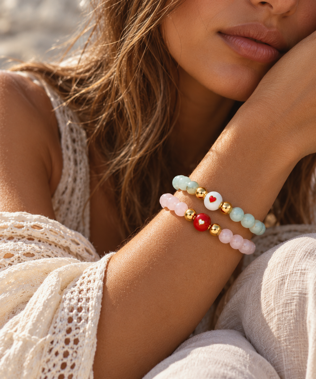 Heart Glow Duo | Morganite & Green Moonstone Bracelet Set | Set of Two | Gold Plated