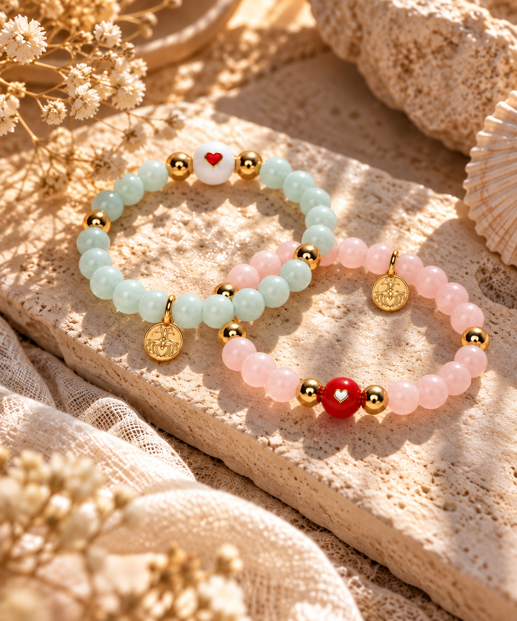 Heart Glow Duo | Morganite & Green Moonstone Bracelet Set | Set of Two | Gold Plated