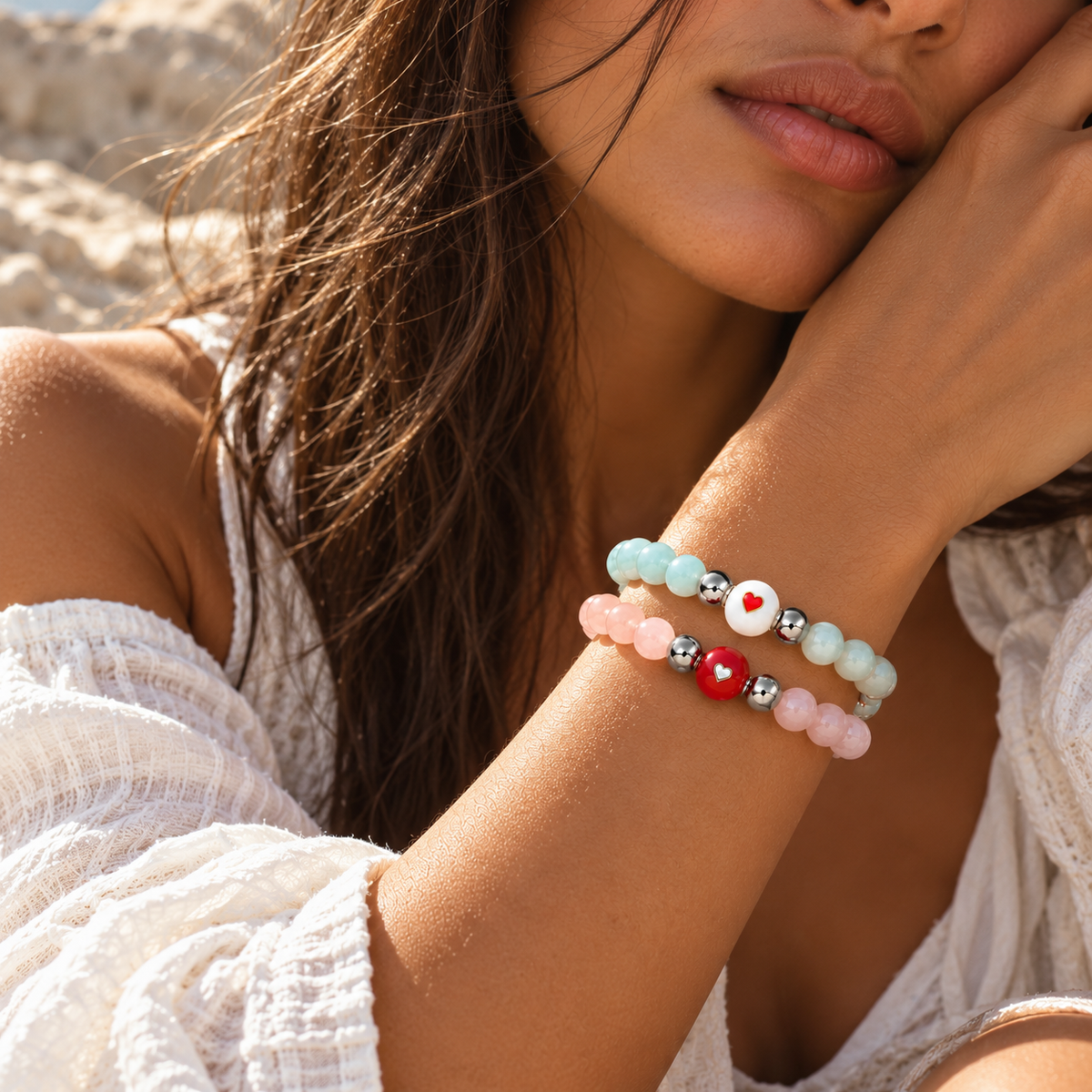 Heart Glow Duo | Morganite & Green Moonstone Bracelet Set | Set of Two | Silver Plated