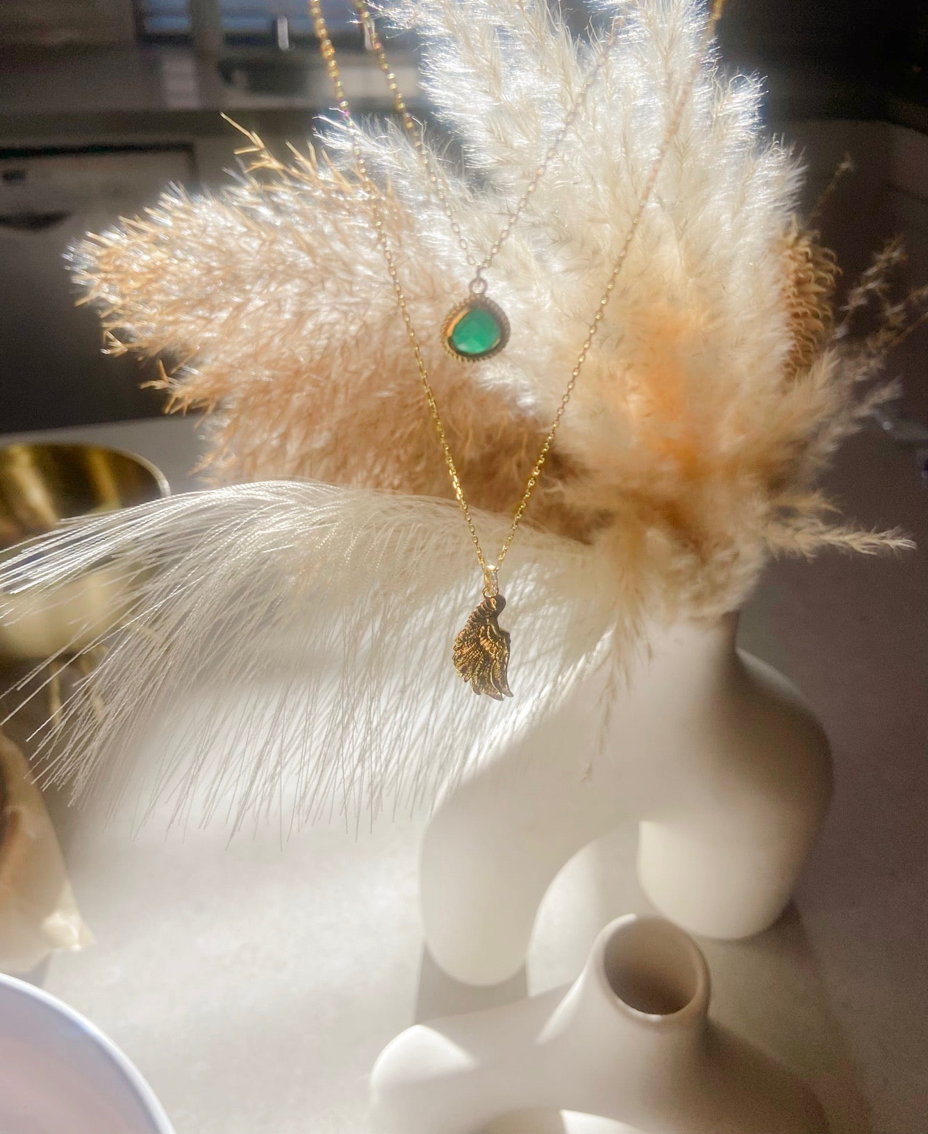 Archangel Raphael Angel of Healing Necklace, Green Agate, 18k Gold