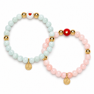 Heart Glow Duo | Morganite & Green Moonstone Bracelet Set | Set of Two | Gold Plated