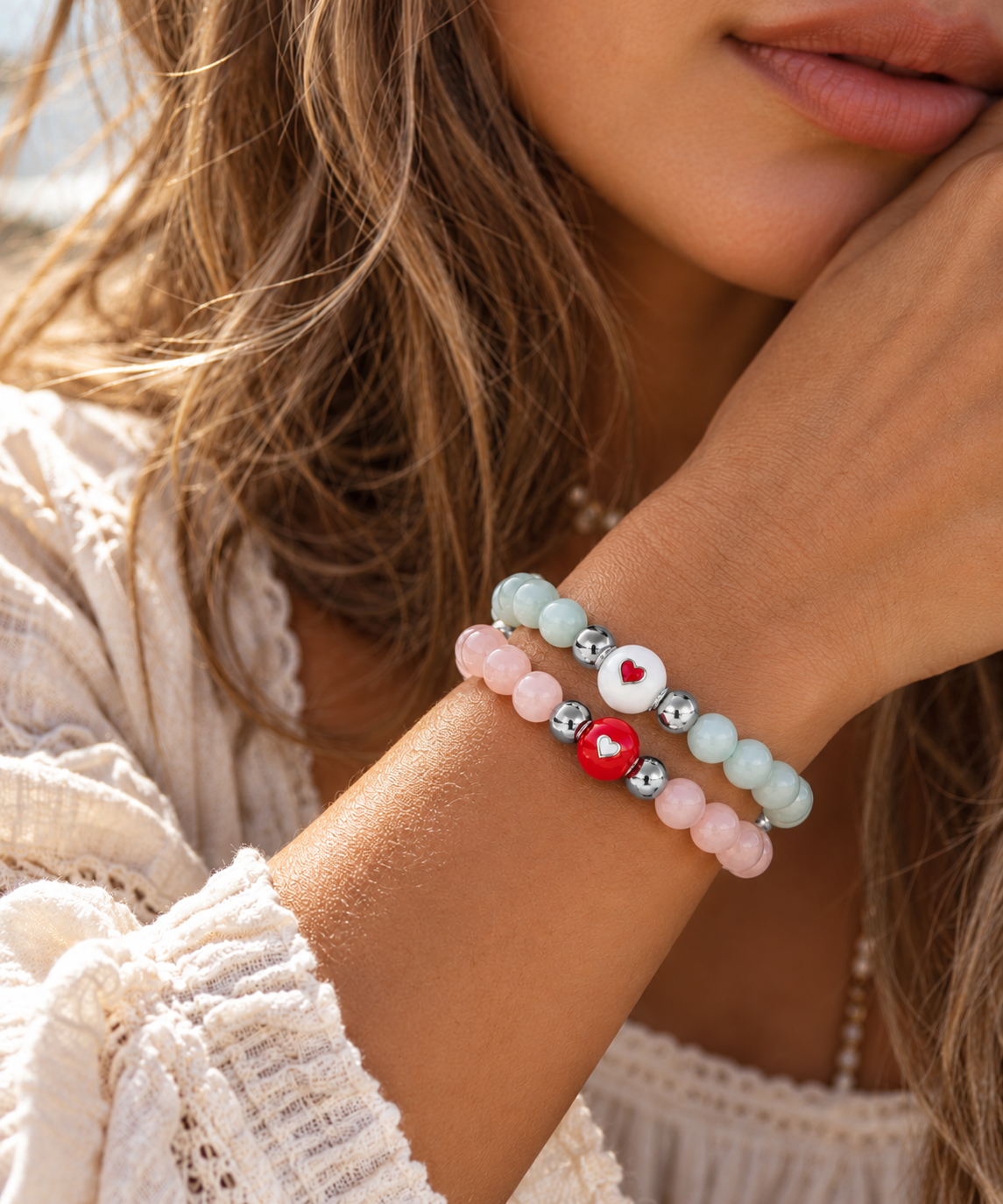 Heart Glow Duo | Morganite & Green Moonstone Bracelet Set | Set of Two | Silver Plated