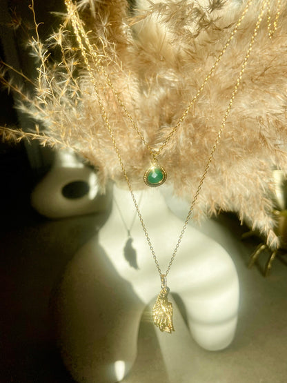 Archangel Raphael Angel of Healing Necklace, Green Agate, 18k Gold