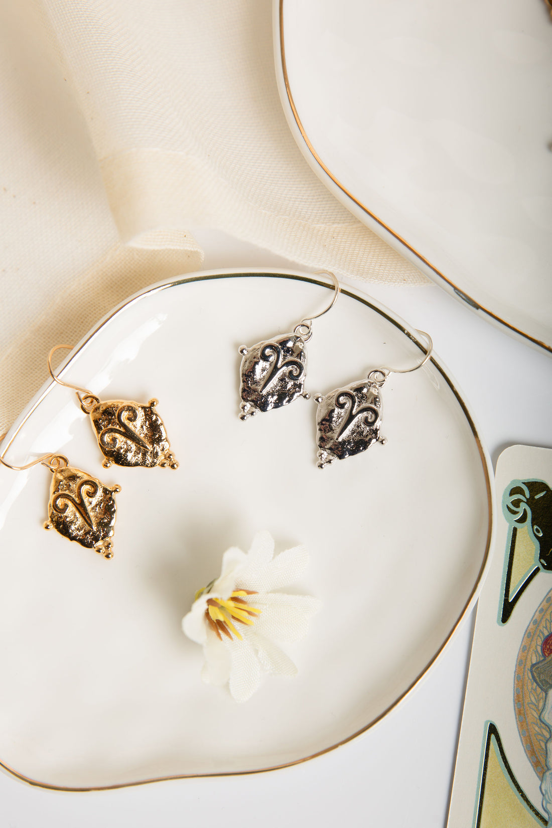 Aries Vintage-Style Dangle Earrings, 18k Gold Plated with Antique Zodiac Symbol