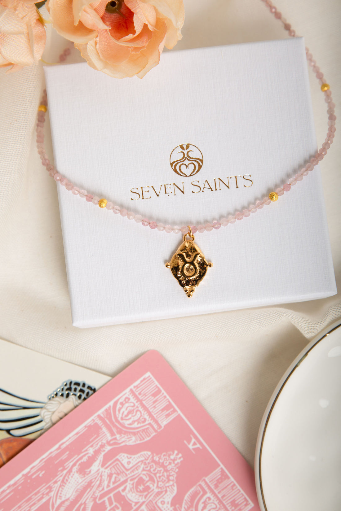 Taurus Gemstone Choker Necklace, Rose Quartz, White Rhodium Plated