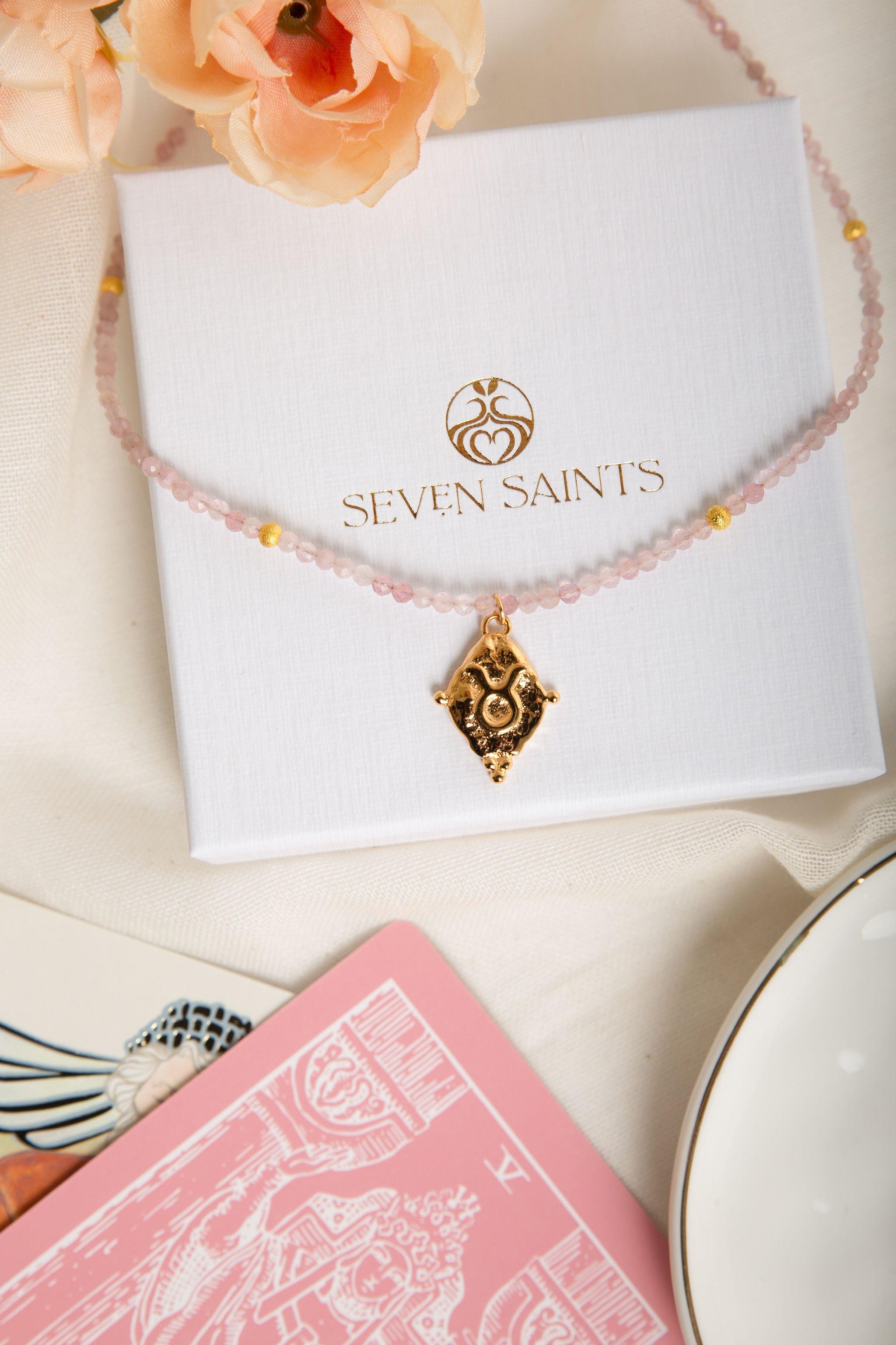 Taurus Zodiac Choker Necklace – Rose Quartz White Rhodium Plated Horoscope Jewelry