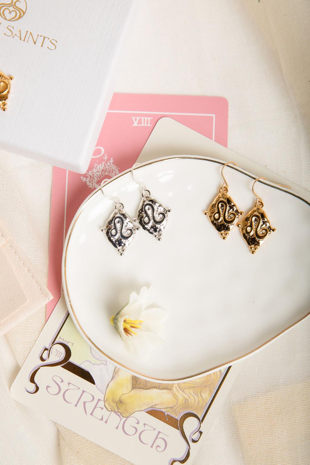 Leo Zodiac Dangle Earrings in White Rhodium | Vintage Style Jewelry