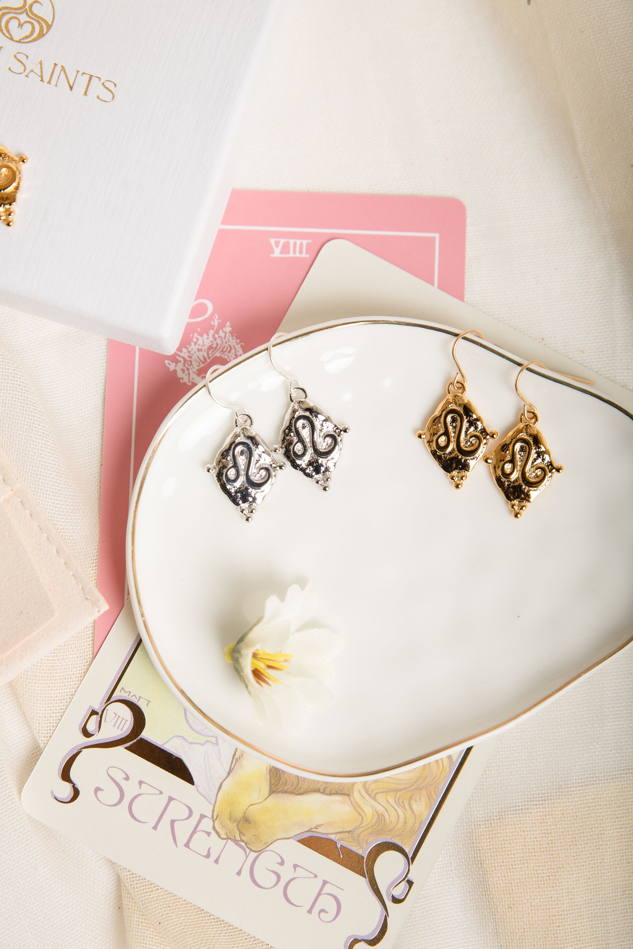 Leo Zodiac Dangle Earrings in White Rhodium | Vintage Style Jewelry