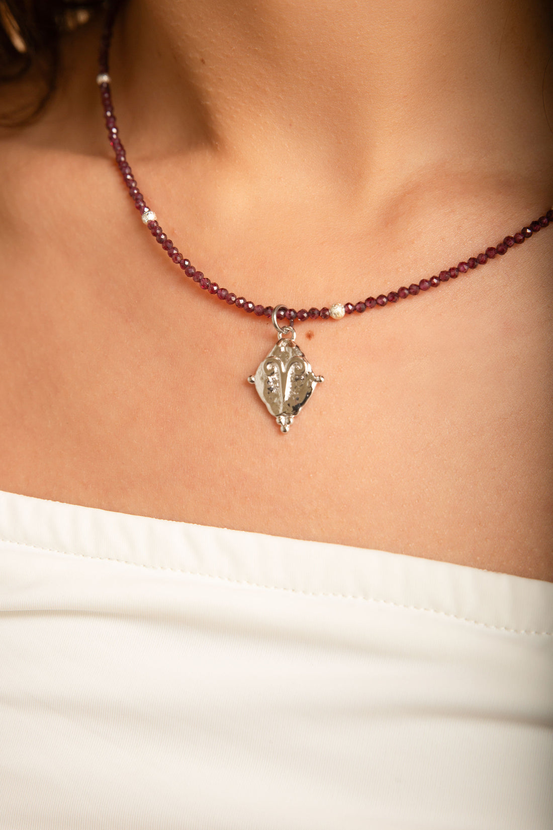 Aries Zodiac Gemstone Choker Necklace - Red Garnet White Rhodium Plated