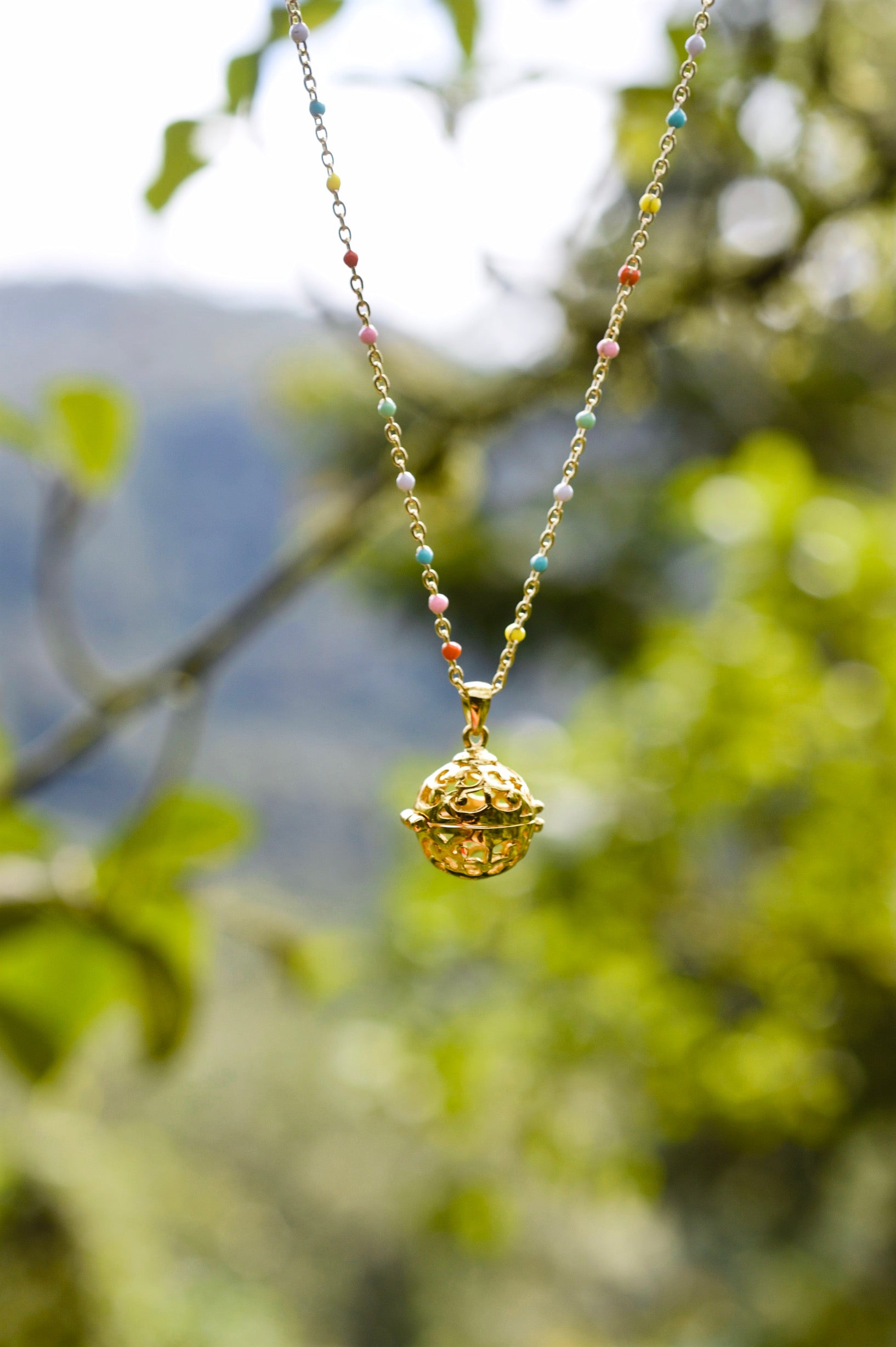 Aromatherapy Diffuser Locket Necklace – Multi-Colored Enamel Beaded Chain in 18K Gold