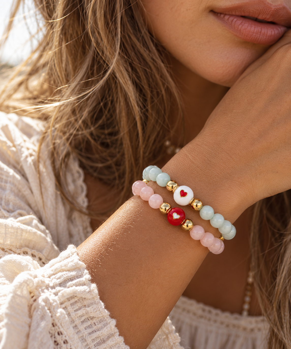 Heart Glow Duo | Morganite & Green Moonstone Bracelet Set | Set of Two | Gold Plated