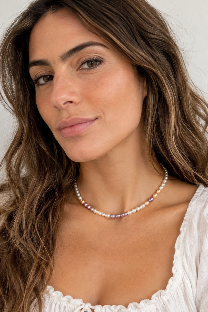 Divine Aura Tri-Color Freshwater Baroque Pearl Choker Necklace | Rhodium Plated