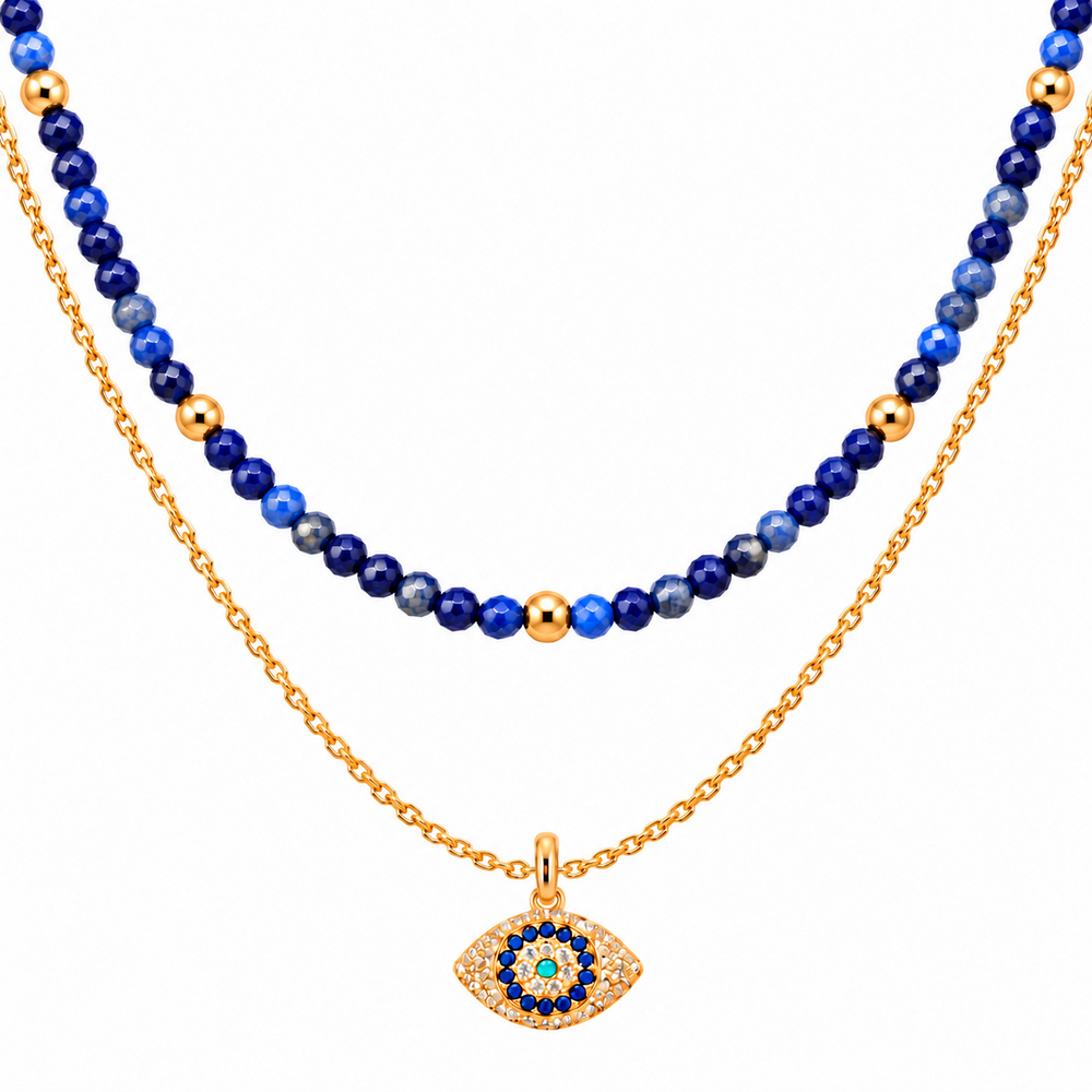 Divine Guardian Lapis Lazuli and Evil Eye Layered Necklace Set, Gold