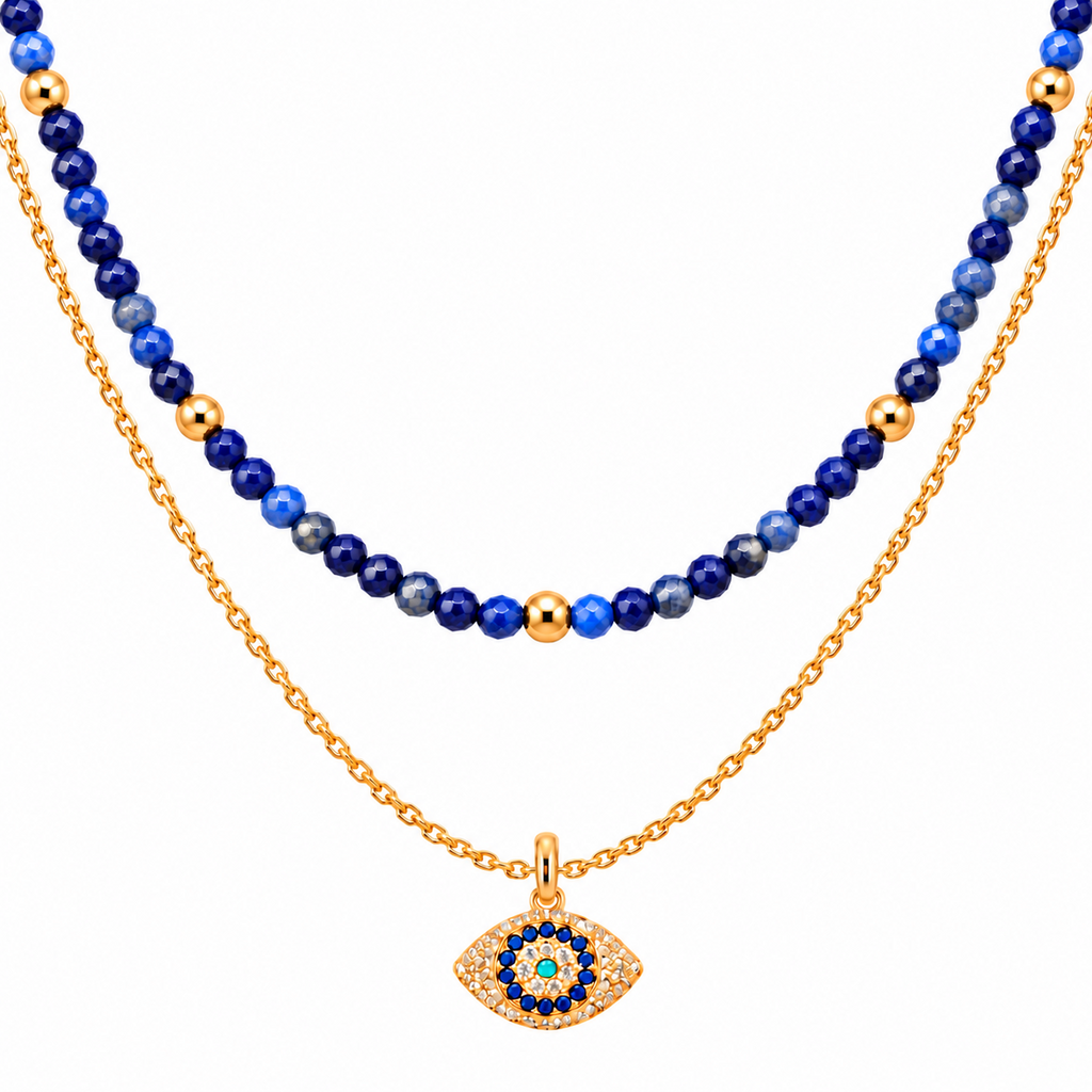 Divine Guardian Lapis Lazuli and Evil Eye Layered Necklace Set, Gold
