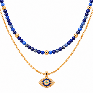 Divine Guardian Lapis Lazuli and Evil Eye Layered Necklace Set, Gold