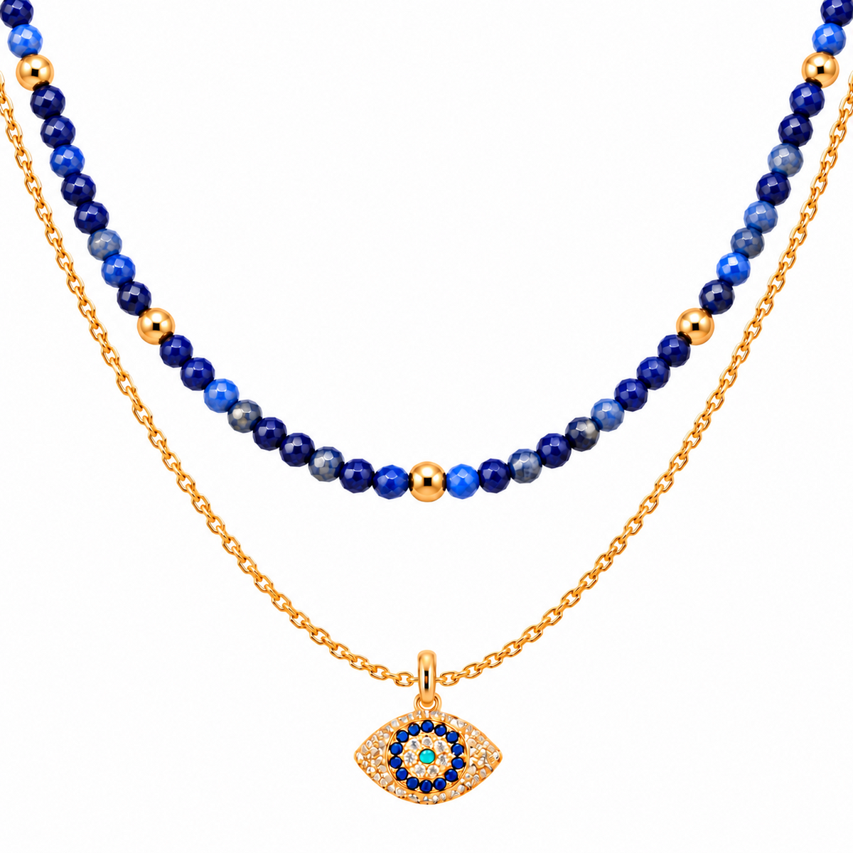 Divine Guardian Lapis Lazuli and Evil Eye Layered Necklace Set, Gold