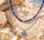 Divine Guardian Lapis Lazuli and Evil Eye Layered Necklace Set, White Rhodium