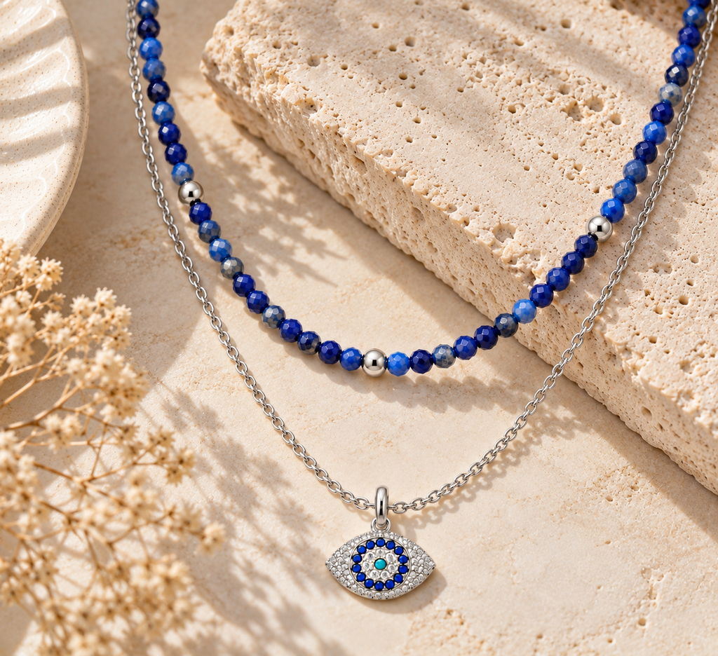 Divine Guardian Lapis Lazuli and Evil Eye Layered Necklace Set, White Rhodium